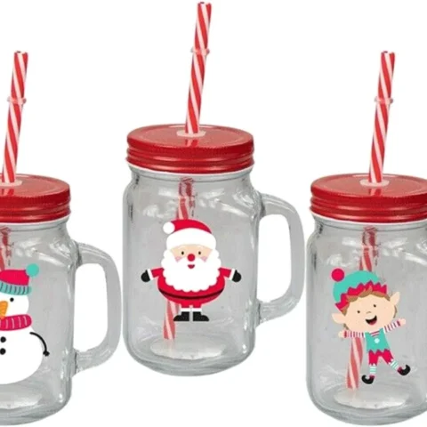 Set of 3 glass Christmas jar mugs with lid and straw, 400 ml