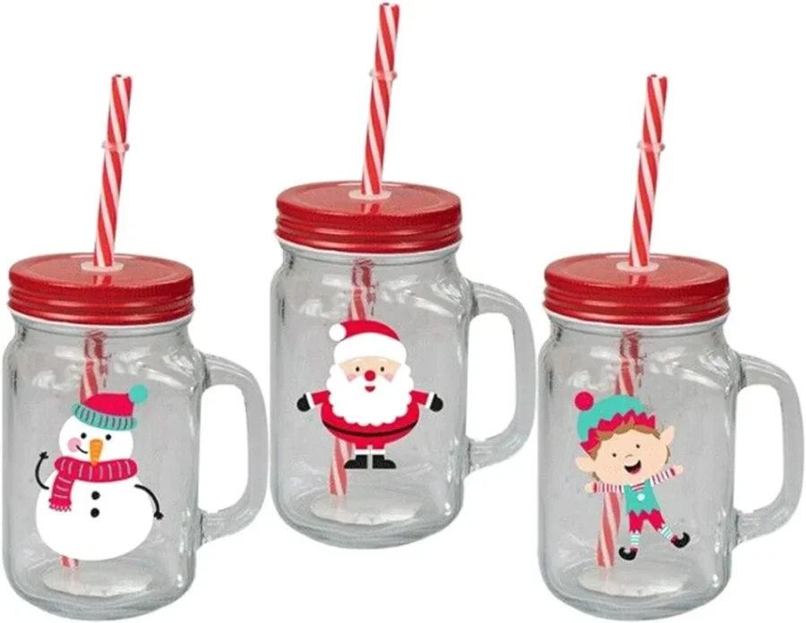 Set of 3 glass Christmas jar mugs with lid and straw, 400 ml