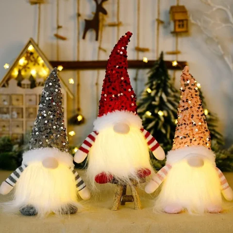 Set of 3 light-up gonks with glittery sequin hats, 30 cm tall
