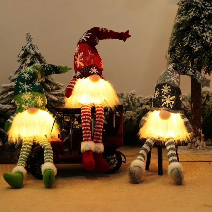 Set of 3 light-up knitted Christmas gnomes with white beards