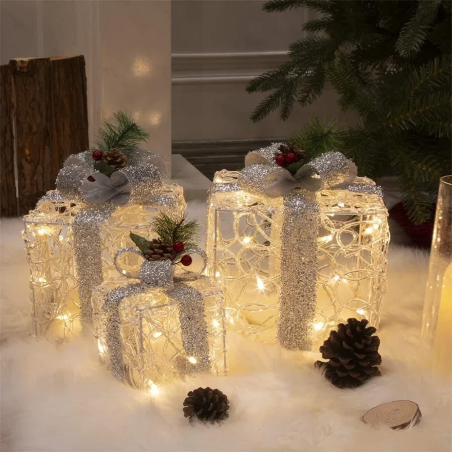 Set of 3 silver light-up present boxes, warm white LEDs, plug-in