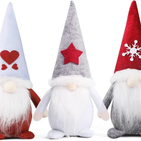 Set of 3 sitting faceless Swedish gnomes in red, white and blue