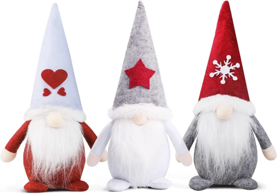 Set of 3 sitting faceless Swedish gnomes in red, white and blue