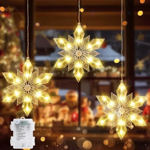 Set of 3 snowflake window lights, 36 warm white LEDs, battery powered