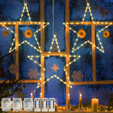 Set of 3 star window lights, 45 warm white LEDs each, battery powered