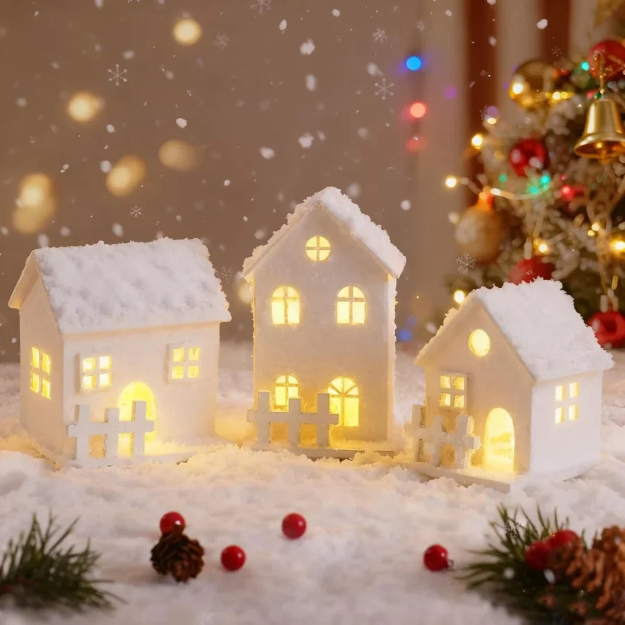 Set of 3 white wooden village houses with warm white LEDs