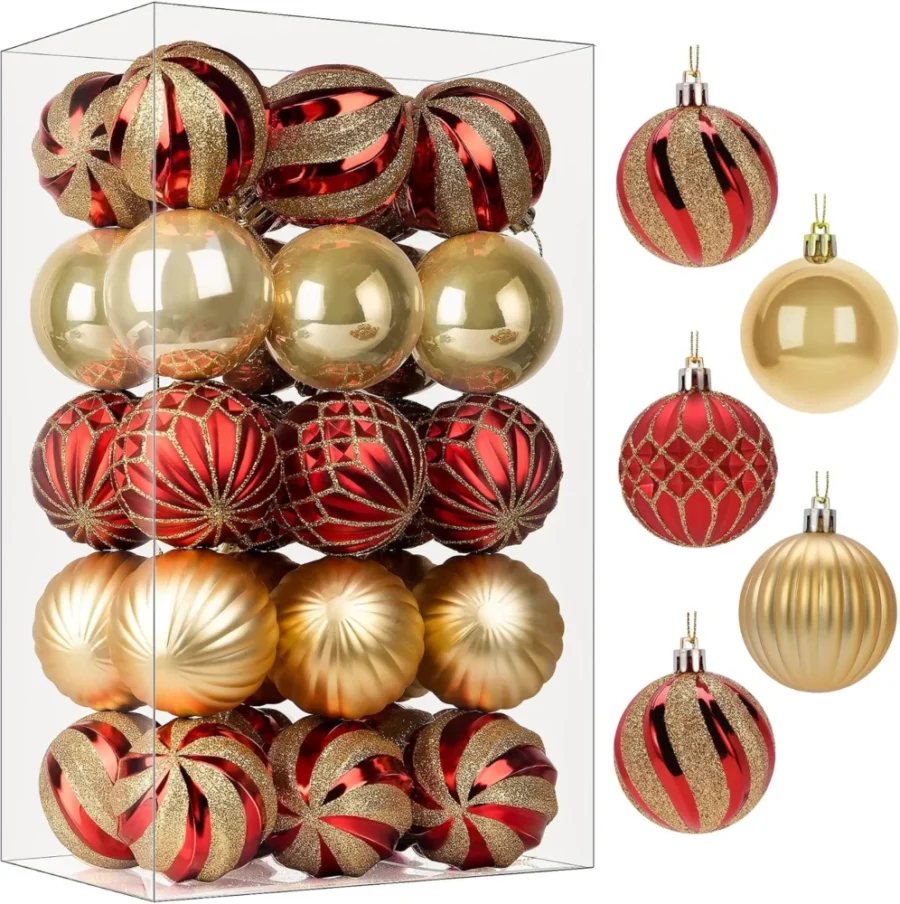 Set of 30 shatterproof red and gold baubles, 6 cm, mixed finishes