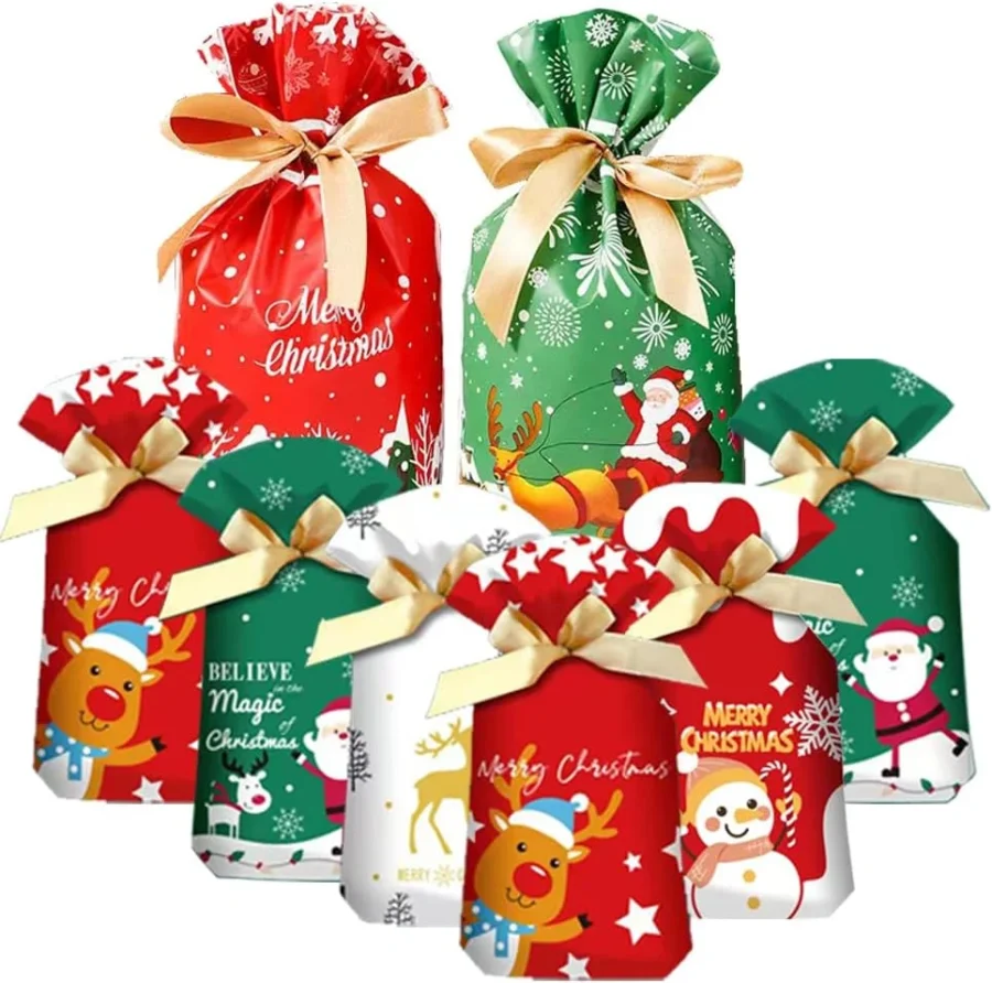 Set of 34 Christmas drawstring gift bags in 2 sizes, reusable