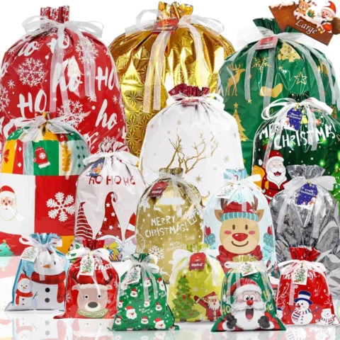 Set of 38 foil drawstring Christmas gift bags in 4 sizes
