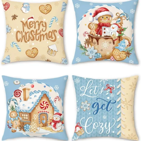 Set of 4 blue velvet gingerbread cushion covers, 45 x 45 cm