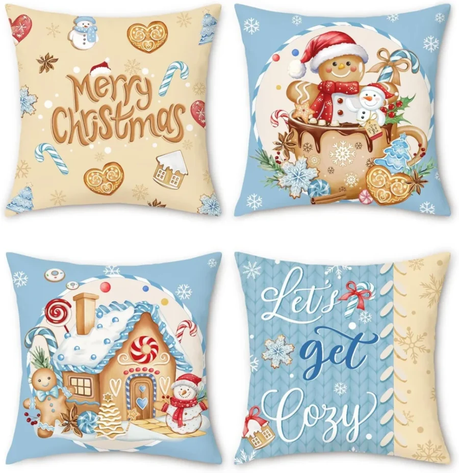 Set of 4 blue velvet gingerbread cushion covers, 45 x 45 cm