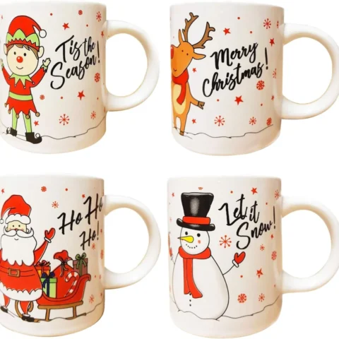 Set of 4 ceramic Christmas mugs with reindeer, snowman, Santa and elf