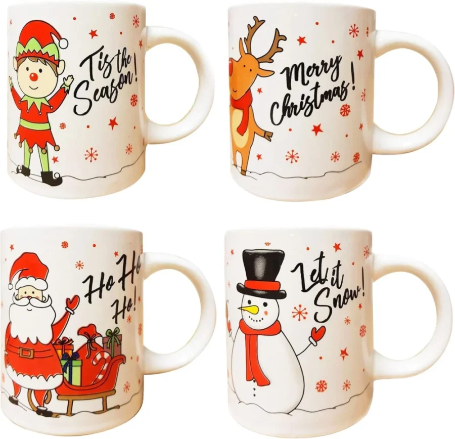 Set of 4 ceramic Christmas mugs with reindeer, snowman, Santa and elf