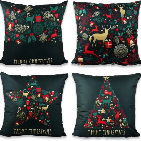 Set of 4 green and navy Christmas cushion covers, Santa and reindeer