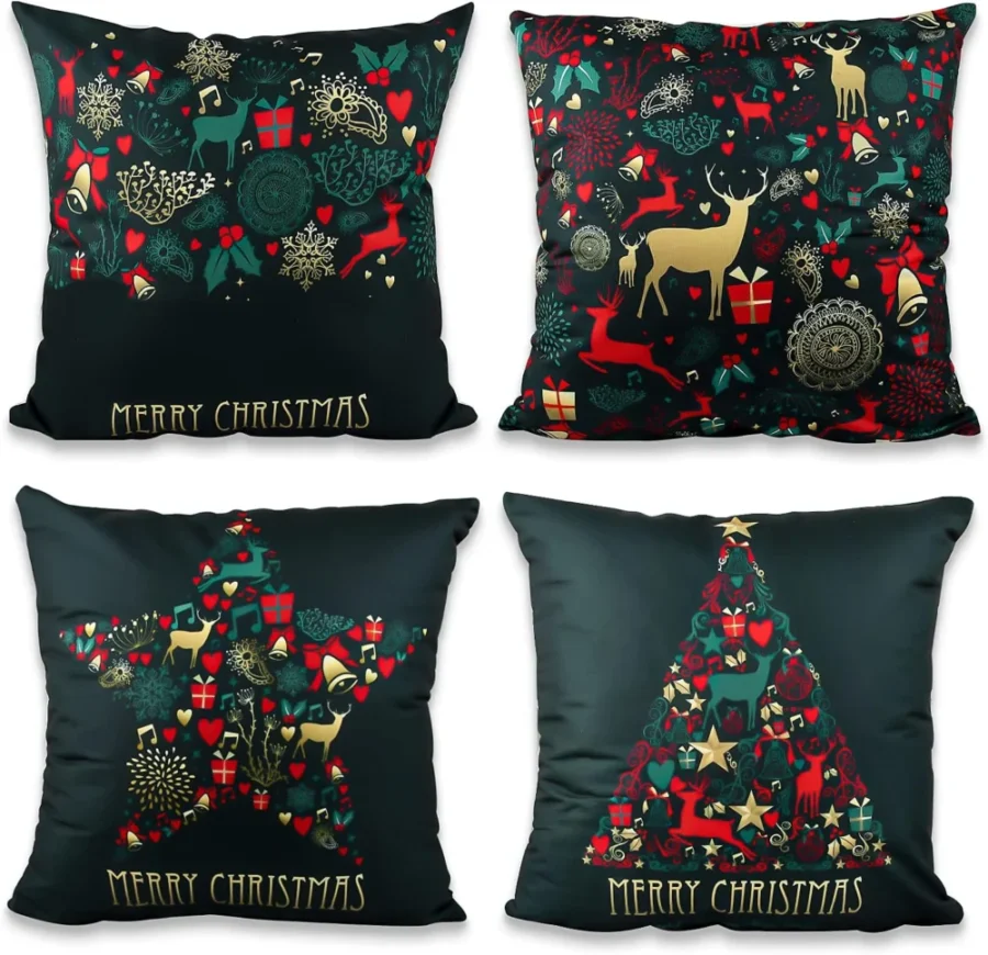 Set of 4 green and navy Christmas cushion covers, Santa and reindeer