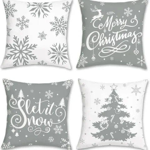 Set of 4 grey and white snowflake velvet cushion covers, 45 x 45 cm