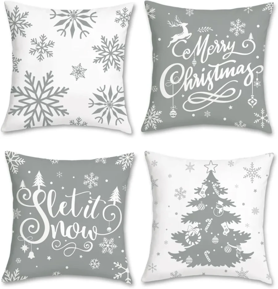 Set of 4 grey and white snowflake velvet cushion covers, 45 x 45 cm