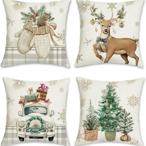 Set of 4 grey plaid cushion covers with reindeer, truck and gloves