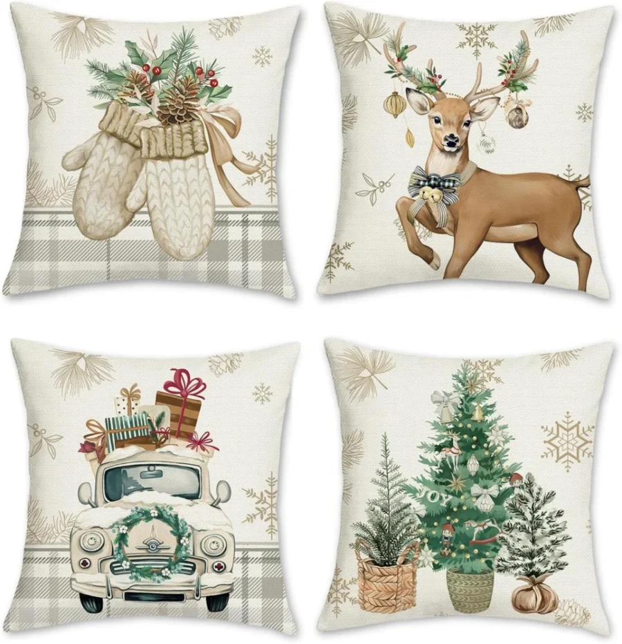 Set of 4 grey plaid cushion covers with reindeer, truck and gloves