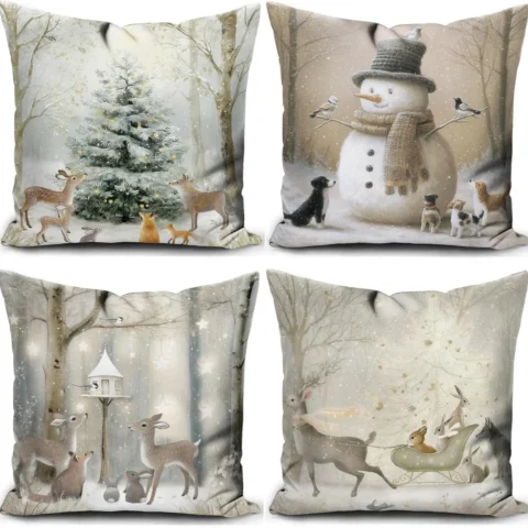 Set of 4 grey snowman Christmas cushion covers in linen, 45 x 45 cm