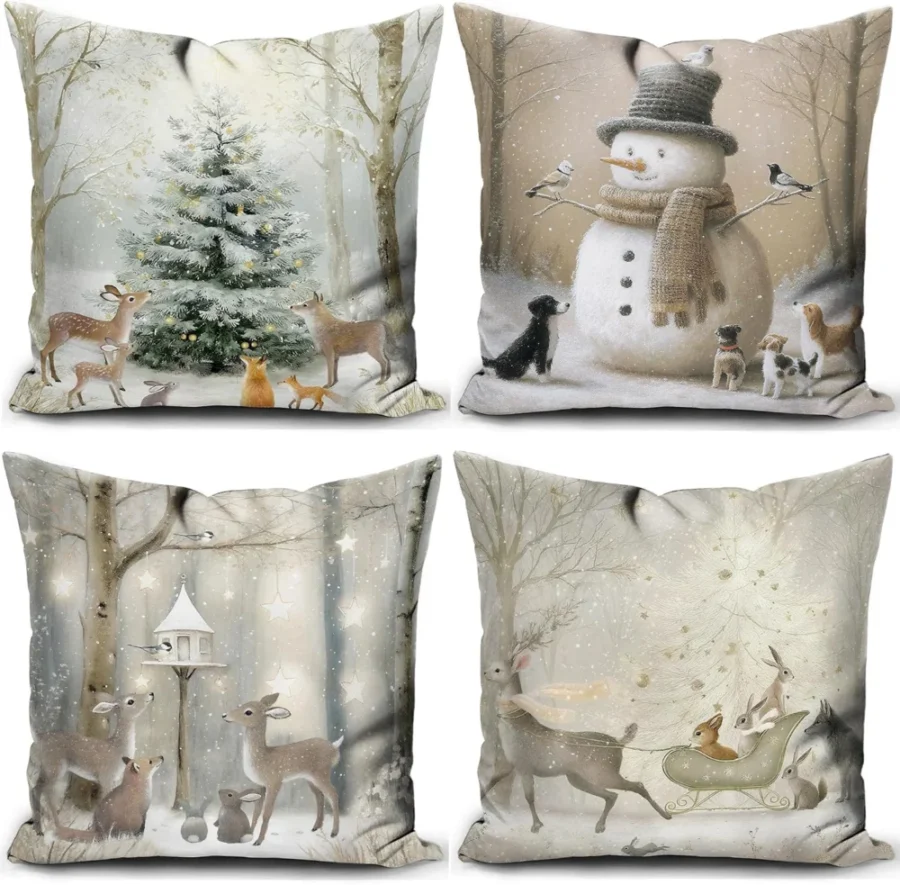 Set of 4 grey snowman Christmas cushion covers in linen, 45 x 45 cm