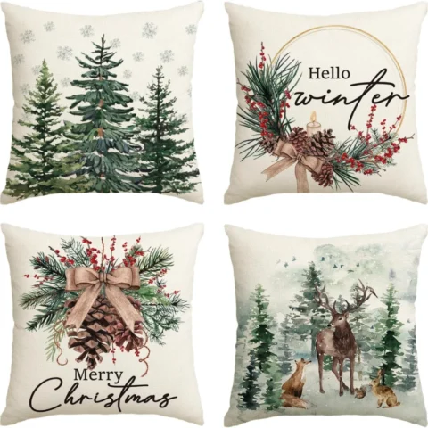 Set of 4 pine tree and reindeer Christmas cushion covers, 45 x 45 cm