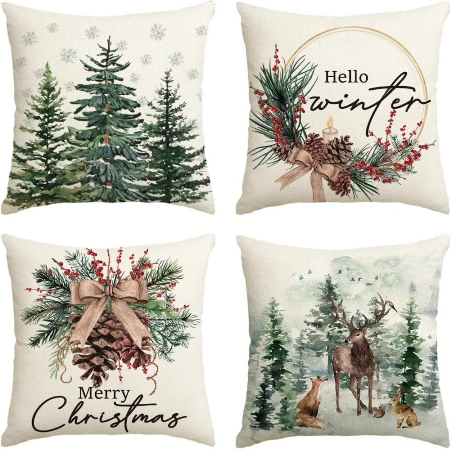 Set of 4 pine tree and reindeer Christmas cushion covers, 45 x 45 cm