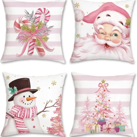 Set of 4 pink velvet Christmas cushion covers with Santa and snowman