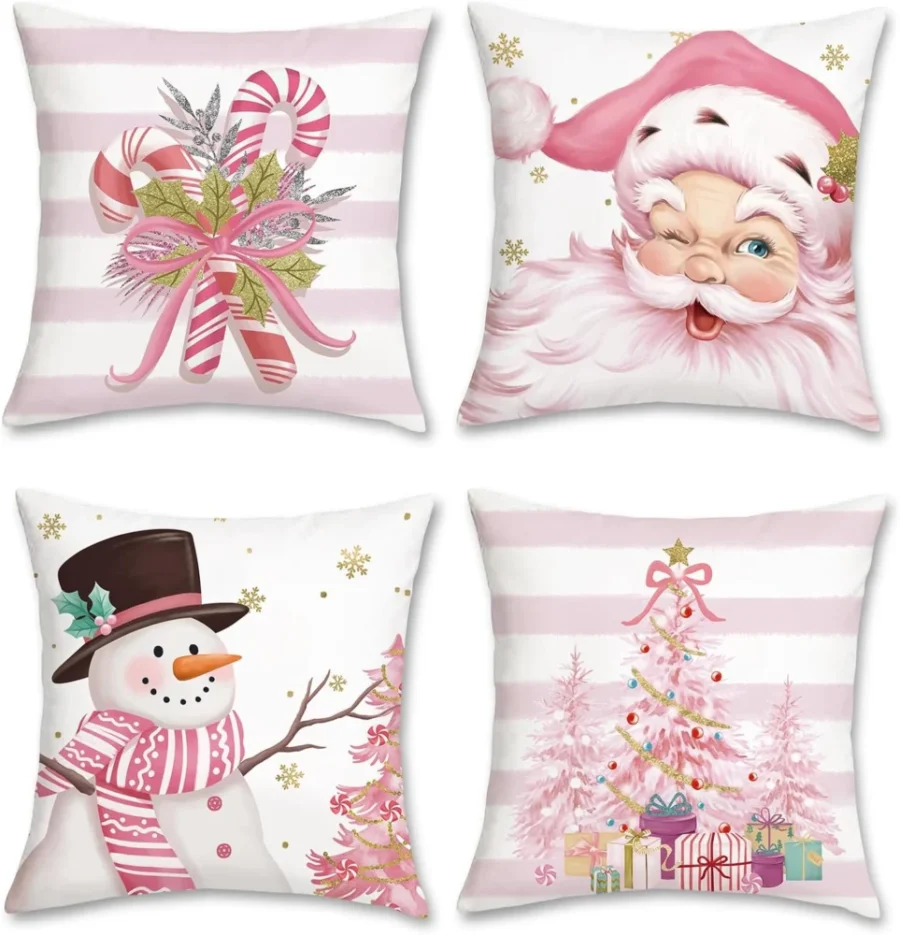 Set of 4 pink velvet Christmas cushion covers with Santa and snowman
