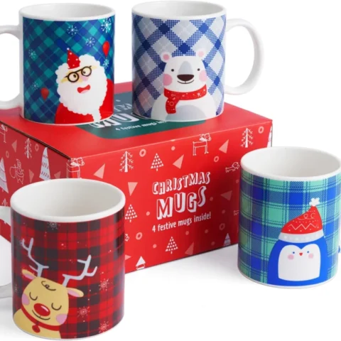 Set of 4 porcelain Christmas mugs, Santa and animal designs, 340 ml