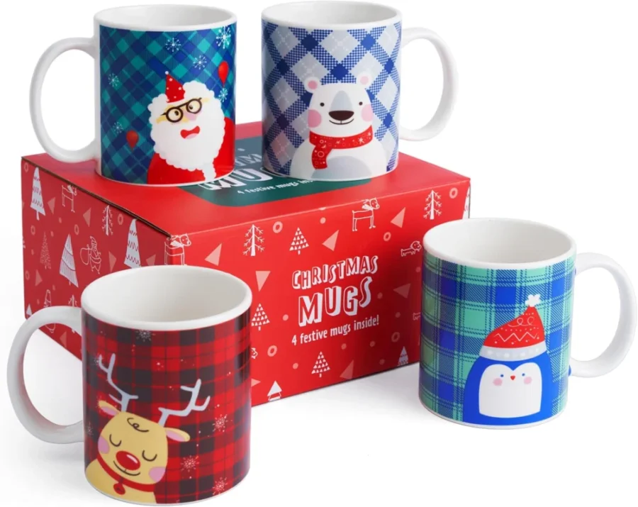 Set of 4 porcelain Christmas mugs, Santa and animal designs, 340 ml