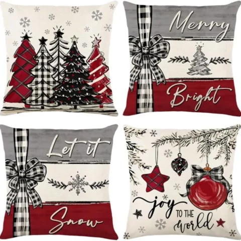 Set of 4 red and grey linen cushion covers with bows, 45 x 45 cm