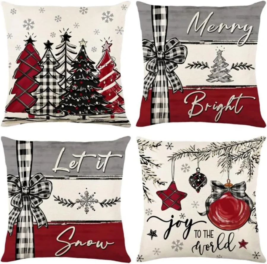 Set of 4 red and grey linen cushion covers with bows, 45 x 45 cm