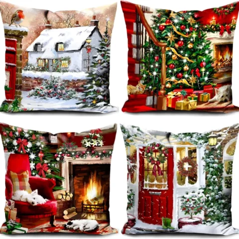 Set of 4 red dog Christmas cushion covers, 45 x 45 cm, with zip