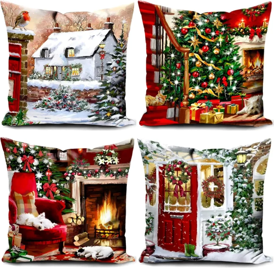 Set of 4 red dog Christmas cushion covers, 45 x 45 cm, with zip