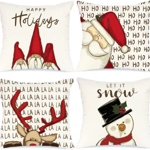 Set of 4 white Santa Claus Christmas cushion covers, polyester, 45 cm