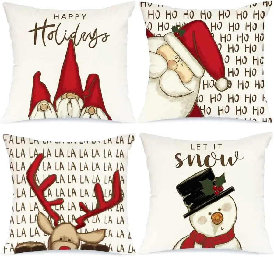 Set of 4 white Santa Claus Christmas cushion covers, polyester, 45 cm