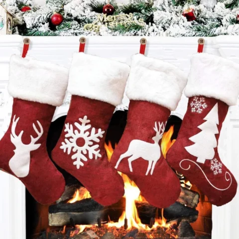 Set of 4 wine red Christmas stockings with white reindeer, 46 cm