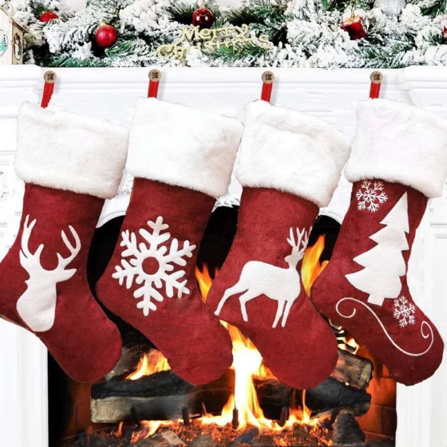 Set of 4 wine red Christmas stockings with white reindeer, 46 cm