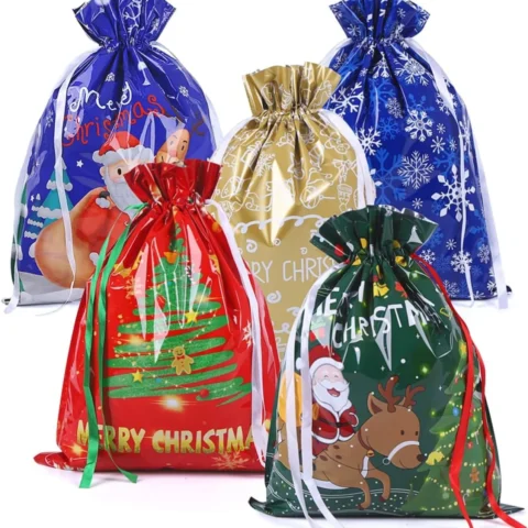 Set of 5 large foil drawstring Christmas gift bags, 39 x 51 cm