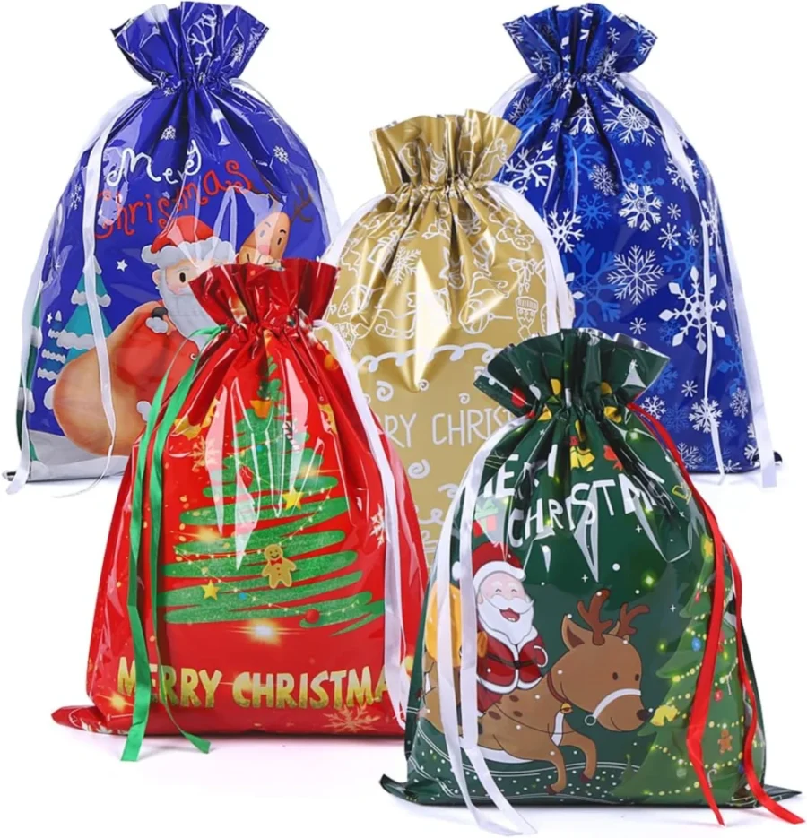 Set of 5 large foil drawstring Christmas gift bags, 39 x 51 cm