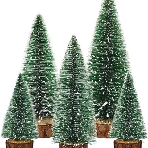 Set of 5 mini sisal frosted Christmas trees with 1.5 m fairy lights
