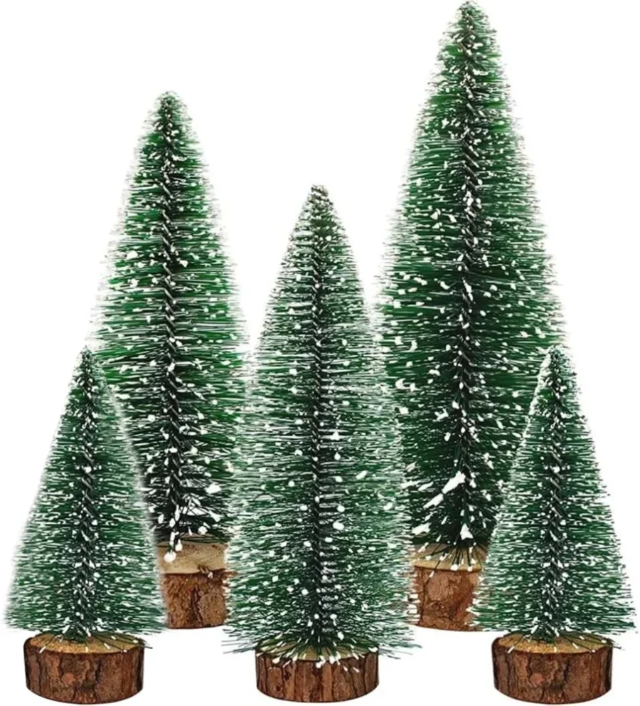 Set of 5 mini sisal frosted Christmas trees with 1.5 m fairy lights