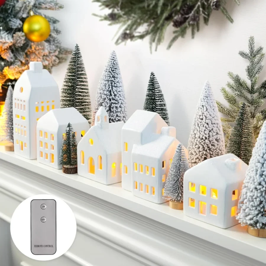 Set of 5 white ceramic village houses with LED tea lights, 9 trees