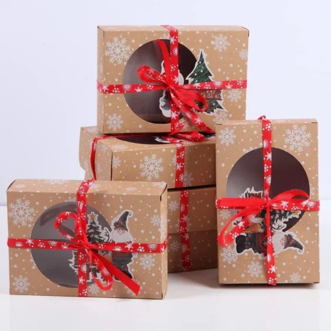 Set of 6 Christmas kraft treat boxes with window and red ribbon