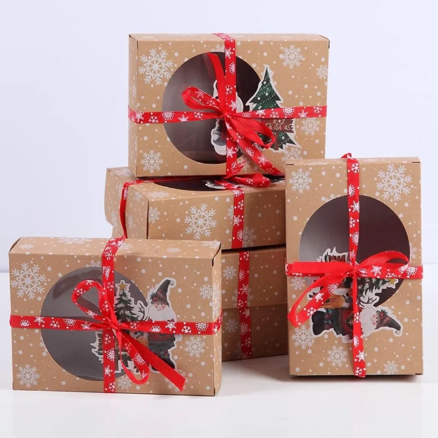Set of 6 Christmas kraft treat boxes with window and red ribbon