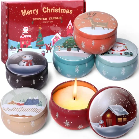 Set of 6 Christmas scented soy wax tin candles in a gift box