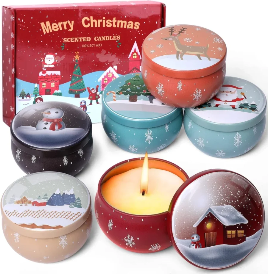 Set of 6 Christmas scented soy wax tin candles in a gift box
