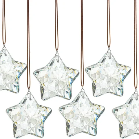 Set of 6 clear faceted glass star ornaments for tree or window