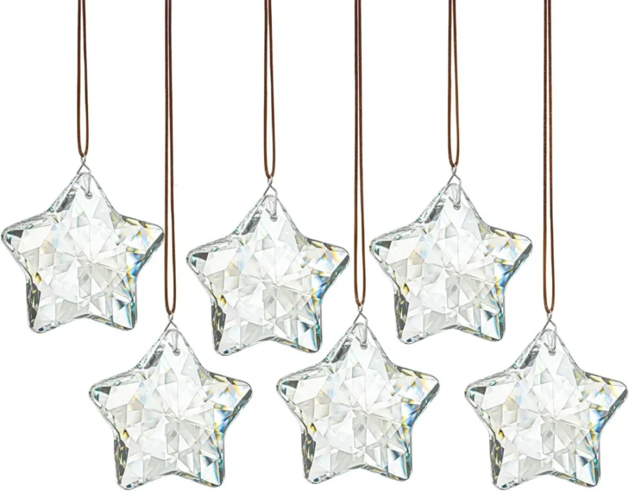 Set of 6 clear faceted glass star ornaments for tree or window